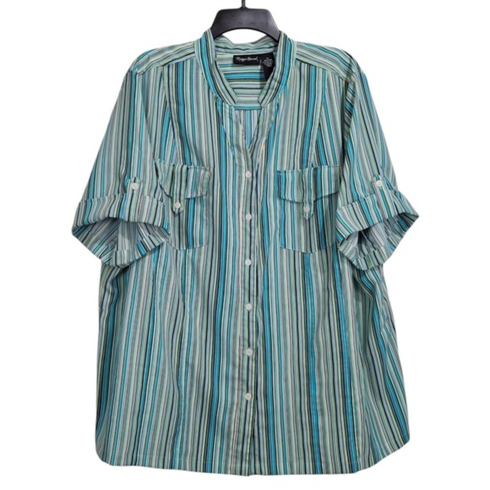 Maggie Barnes‎ Womens Top 2X Blue Brown Short Tabbed Sleeve Striped Button-Up